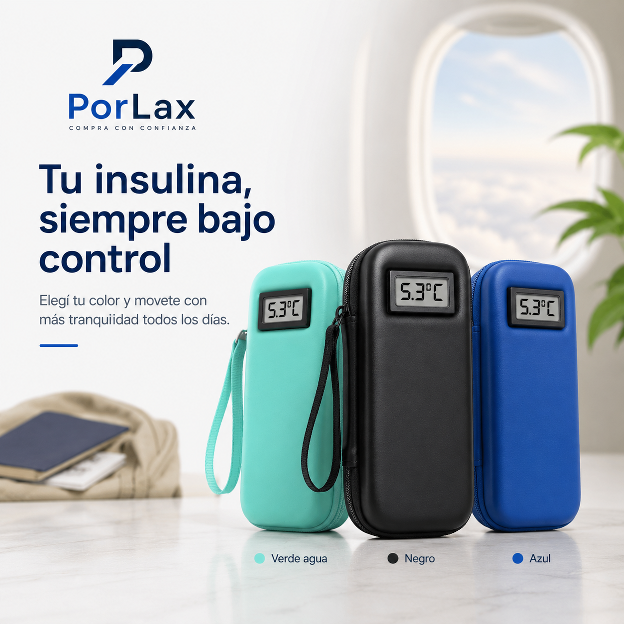 Porlax disponible en colores verde agua, negro y azul